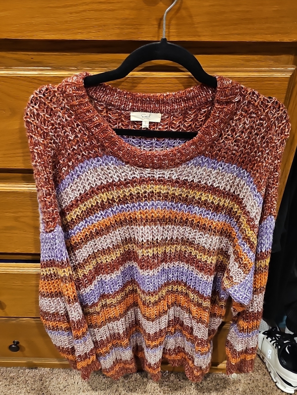 easel Striped Open-Knit Crewneck Sweater in Rust, Lavender & Cream
